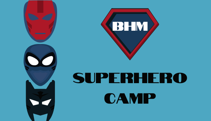 graphic featuring superhero masks and emblem reading BHM