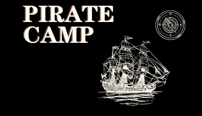 graphic with a black background featuring a pirate ship and a compass rose